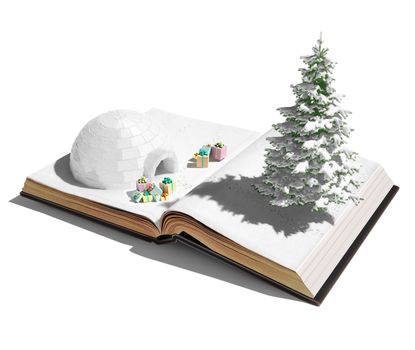 igloo with  christmas gifts on the open book. 3d concept 