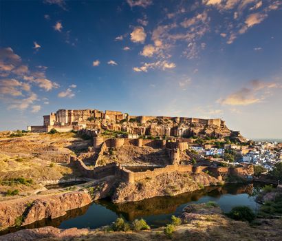 Mehrangarh Fort and Padamsar Talab and Ranisar Talab lakes on sunset , Jodhpur, Rajasthan, India