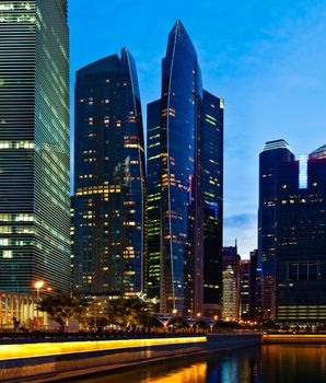 Singapore downtown business center skyscrapers  in evening