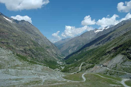 Valley nearby Mattmark dam in Alps in Switzerland