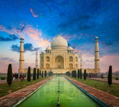 Taj Mahal on sunrise sunset, Indian Symbol - India travel background. Agra, Uttar Pradesh, India