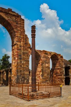 Iron pillar in Qutub complex - metallurgical curiosity.  Qutub Complex, Delhi, India