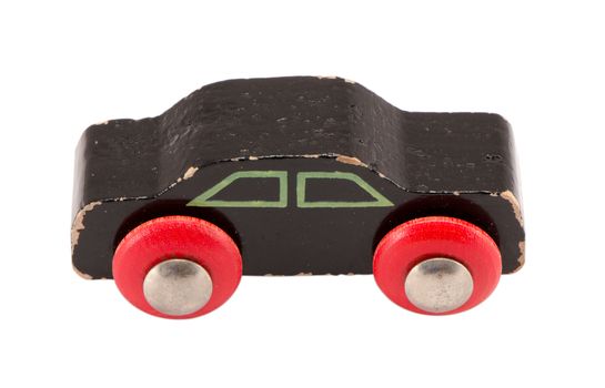 wooden black retro toy car model isolated on white background.