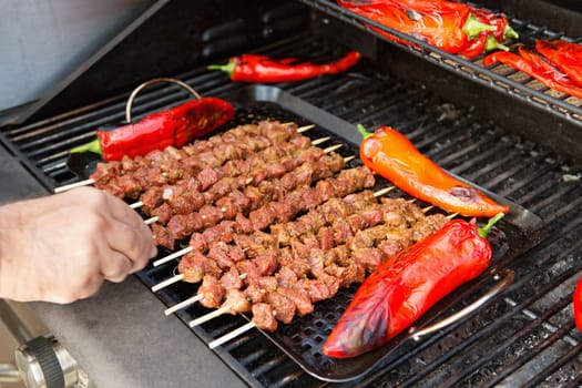 Ten pieces of barbecue and 4 pieces of chili being grilled.