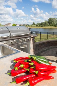 A bunch of chili and zuccinis placed on the outdoor kitchens concrete countertop