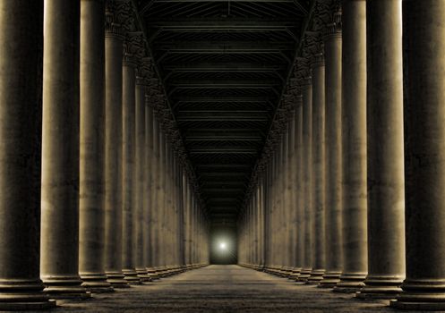 row of pillars at night with light at the end