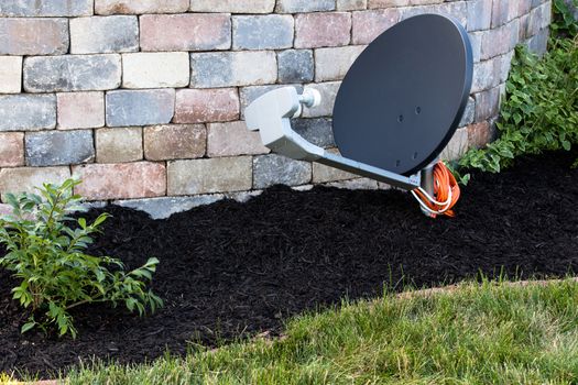 Satelleite dish mounted on the ground, hidden next to brick walls on mulch and newly planted bushes.