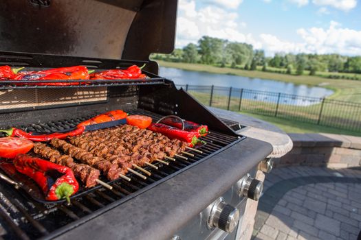 Shish Kebabs and Chillies being cooked on the barbecue