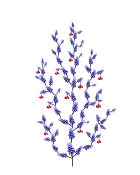 Photo montage set in a tree of blue flowers and red fruits on a white background