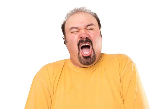 Big man is getting ready to sneeze, stay away, he is not even covering his mouth. Isolated on white.