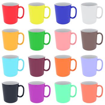 Set of colorful ceramic cups isolated on white. High resolution 3D image