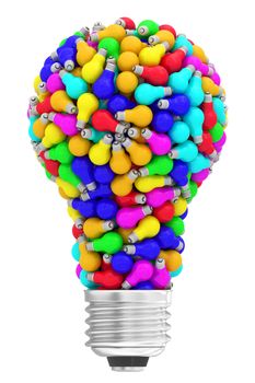 Lightbulb shape composed of many colorful small lightbulbs isolated on white background. High resolution 3D image
