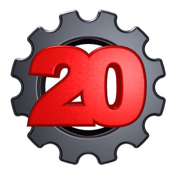 number twenty and gear wheel on white background - 3d illustration