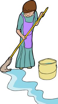 Lady in apron mopping floor over white background