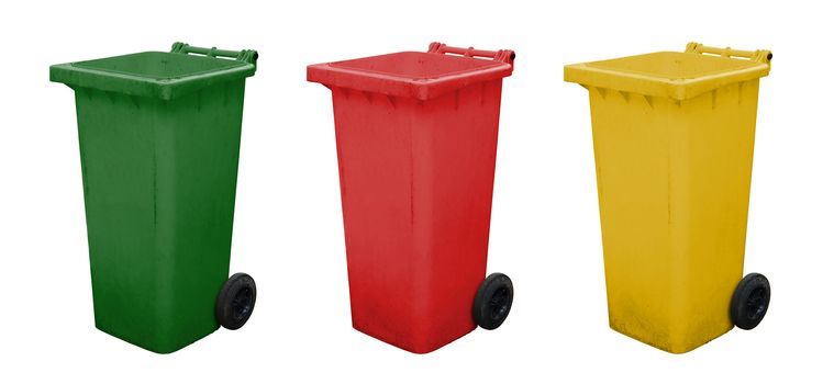 Green red and yellow garbage bins