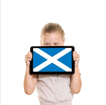 Girl holding tablet pc displaying flag of Scotland