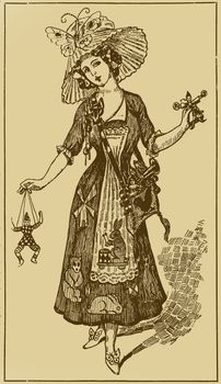 Illustration with the girl in a fancy dress from the magazine of 1912.                    