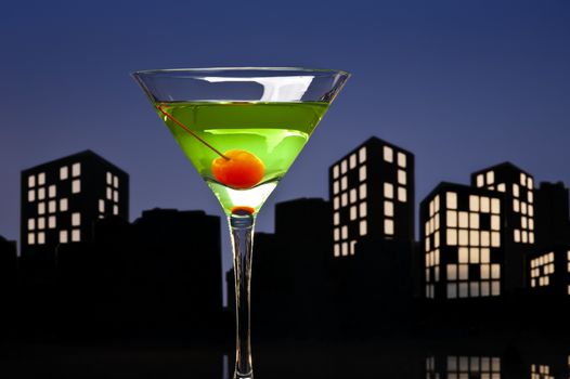 Metropolis Apple Martini cocktail in skyline setting