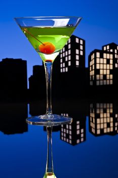 Metropolis Apple Martini cocktail in skyline setting