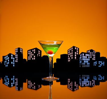 Metropolis Apple Martini cocktail in skyline setting