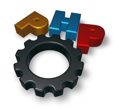 php tag and cogwheel on blue squared surface - 3d illustration