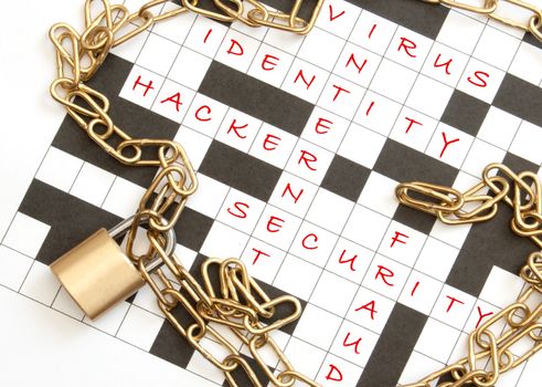 Padlock chain around a crossword with terms relating to internet security 