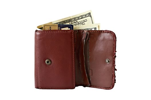 Wallet.Shabby leather wallet with money and credit card