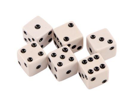 six white gamble dice with black dots and increasing sequence isolated on white background.