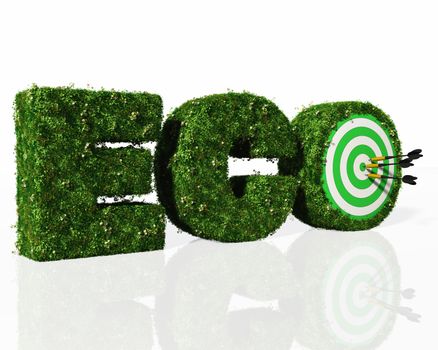 eco word composed from letters that are covered by grass and flowers, and a dartboard with three darts stuck in it covers the hole of the letter O, on a white background