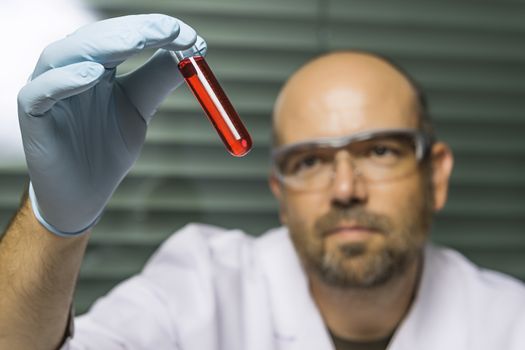 Scientific chemistry laboratory with red liquid in test tube