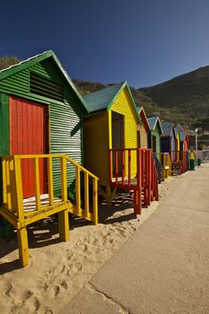 Colourfu changing Ccabins at St James Beach, Cape Town
