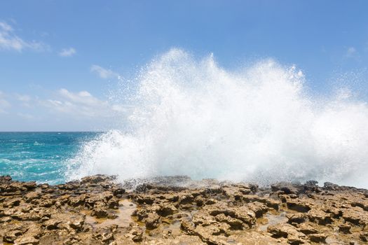 Waves Crashing Over Limestone Coastline Devil's Bridge Antigua
