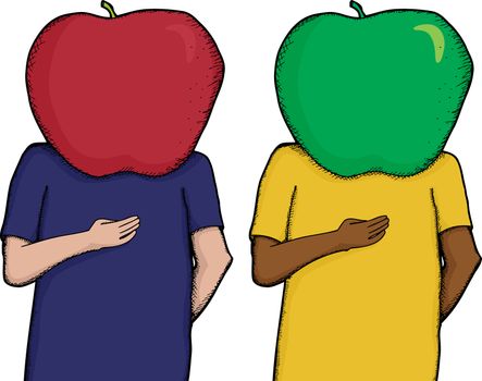 Cartoon of person with apple on head