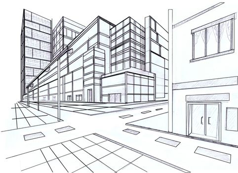 two point perspective sketching plan of out door building