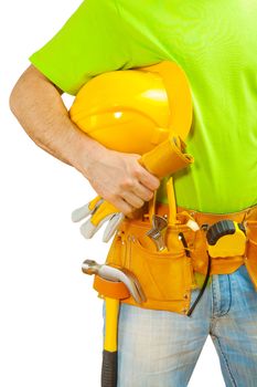 worker holding helmet in hand