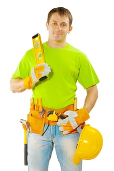 worker in green t-shirt with tools