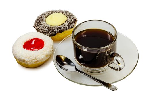 Two pieces of donuts and a cup of coffee on white background