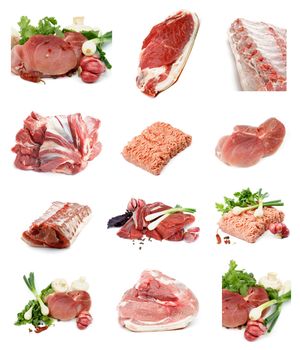 Collection of Various Heap of Raw Beef, Pork and Minced Meat isolated on white background 