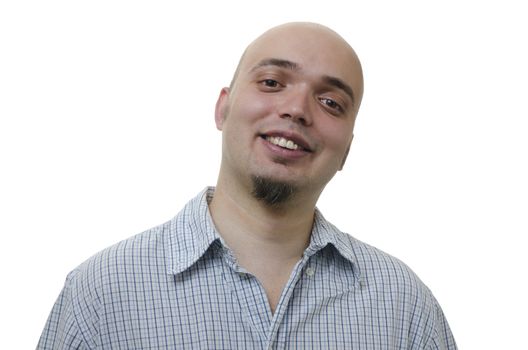 portrait of a young man slightly bald smiling on white background