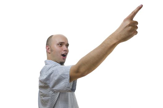 young man pointing upwards with his finger on white background