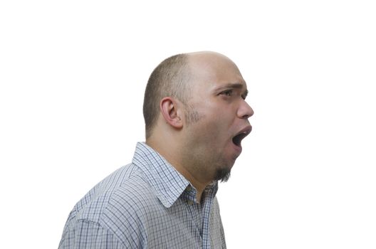 young man with open mouth shouting loud on white background