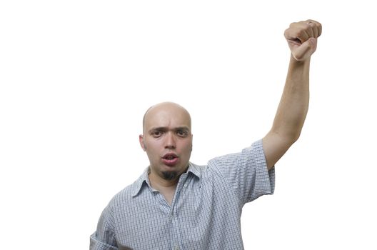 young man raising his fist in the air in protest on white background