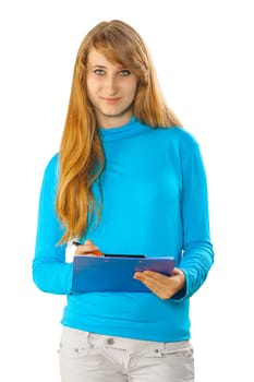 beautyful young girl writing in clipboard