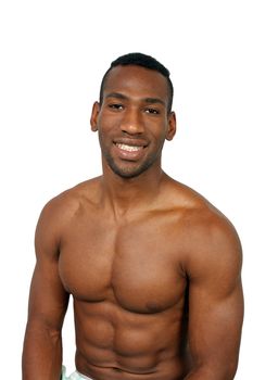 A handsome, muscular smiling black man, isolated on a white background with generous copyspace.