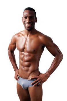 A handsome, muscular black man, isolated on a white background with generous copyspace.