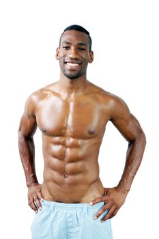 A handsome, muscular black man, isolated on a white background with generous copyspace.