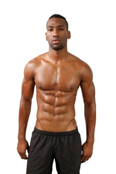 A handsome, muscular black man, isolated on a white background with generous copyspace.