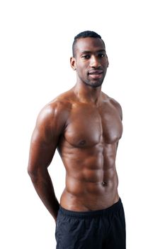 A handsome, muscular black man, isolated on a white background with generous copyspace.