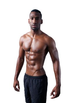 A handsome, muscular black man, isolated on a white background with generous copyspace.