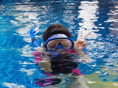 Girl relaxing on the side of a swimming pool wearing goggles and snorkel
